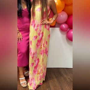 Floral Pink and Yellow Pleated Skirt